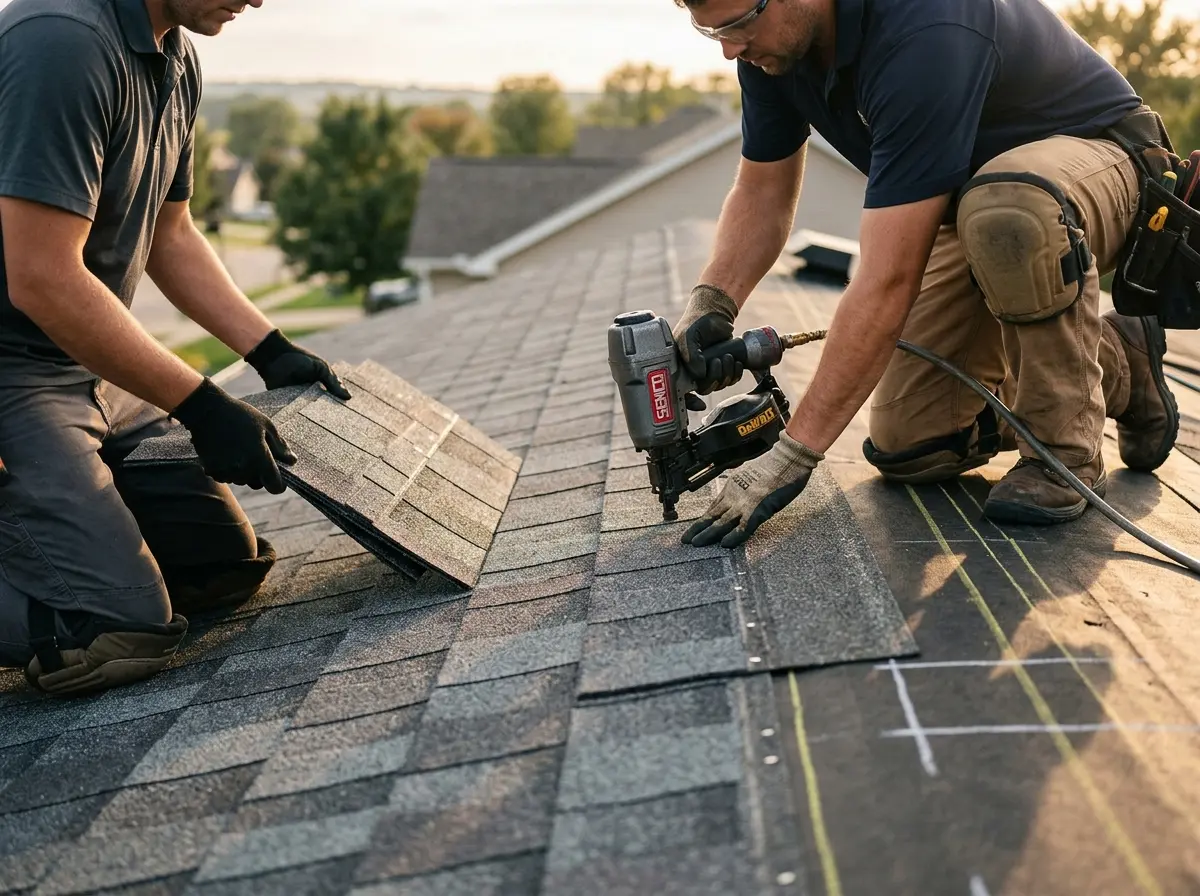 Professional roofer working on a residential roof in Fair Lawn